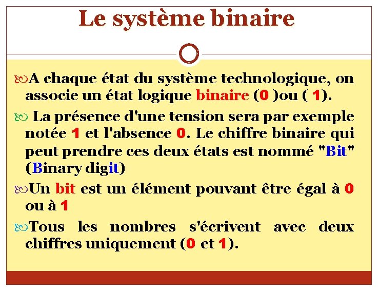 Le système binaire A chaque état du système technologique, on associe un état logique