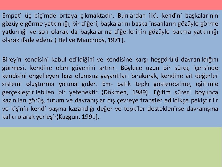 Empati üç biçimde ortaya çıkmaktadır. Bunlardan ilki, kendini başkalarının gözüyle görme yatkınlığı, bir diğeri,