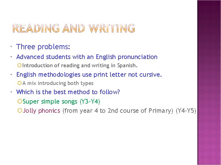  Three problems: Advanced students with an English pronunciation Introduction of reading and writing