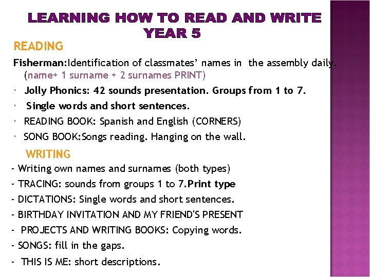 READING Fisherman: Identification of classmates’ names in the assembly daily. (name+ 1 surname +