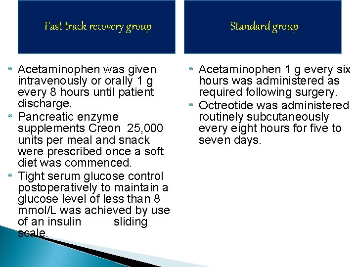 Fast track recovery group Acetaminophen was given intravenously or orally 1 g every 8