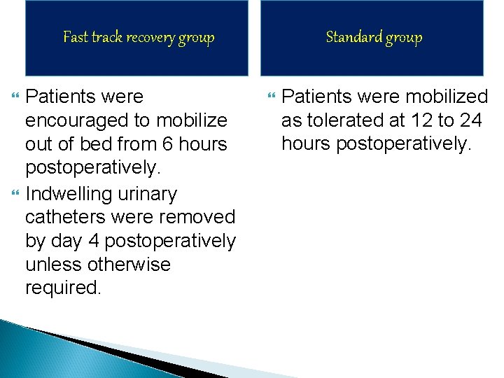 Fast track recovery group Patients were encouraged to mobilize out of bed from 6