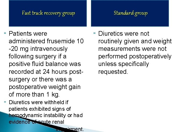 Fast track recovery group Patients were administered frusemide 10 -20 mg intravenously following surgery
