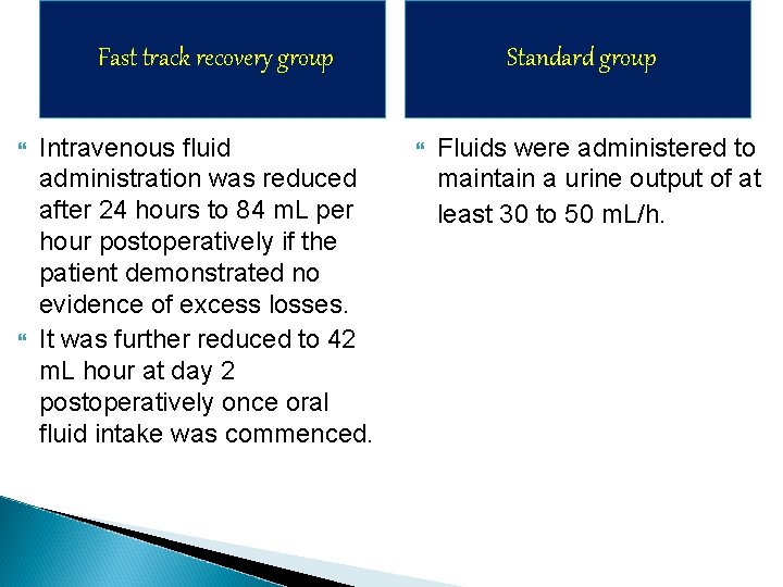 Fast track recovery group Intravenous fluid administration was reduced after 24 hours to 84