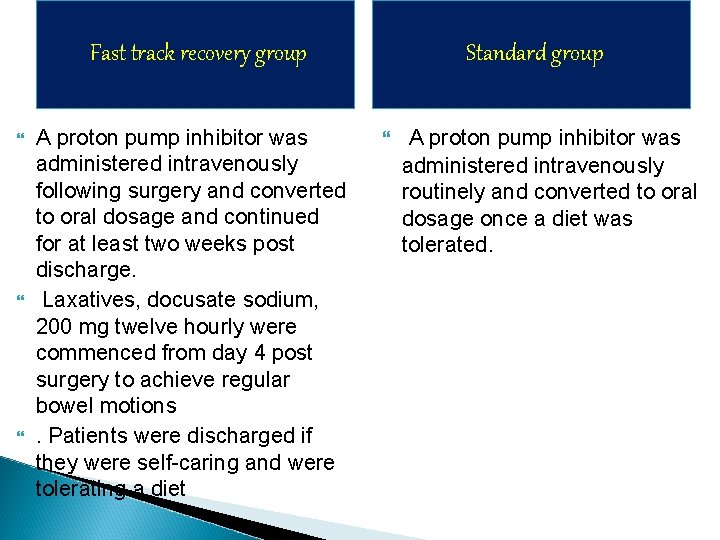 Fast track recovery group A proton pump inhibitor was administered intravenously following surgery and