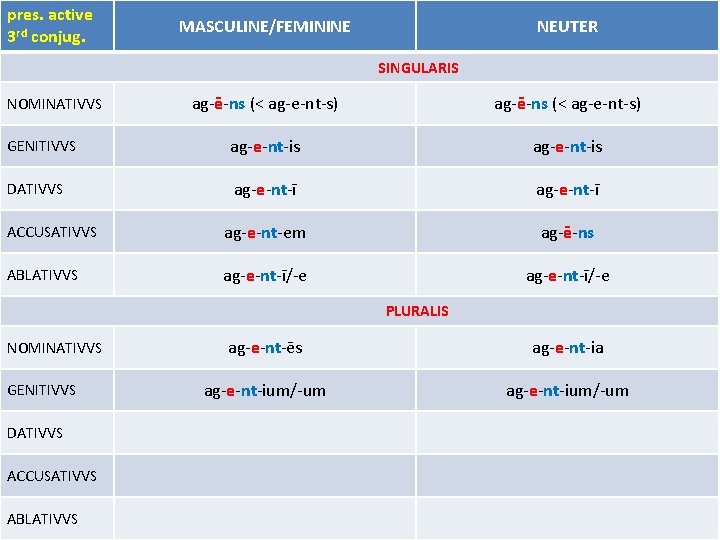 pres. active 3 rd conjug. MASCULINE/FEMININE NEUTER SINGULARIS ag-ē-ns (< ag-e-nt-s) GENITIVVS ag-e-nt-is DATIVVS