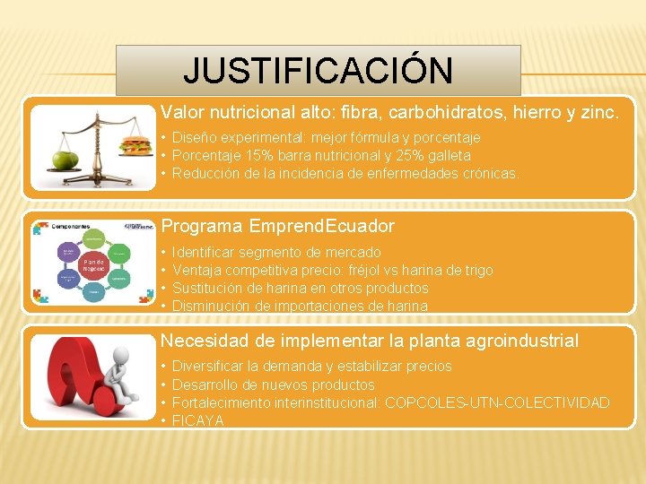 JUSTIFICACIÓN Valor nutricional alto: fibra, carbohidratos, hierro y zinc. • Diseño experimental: mejor fórmula