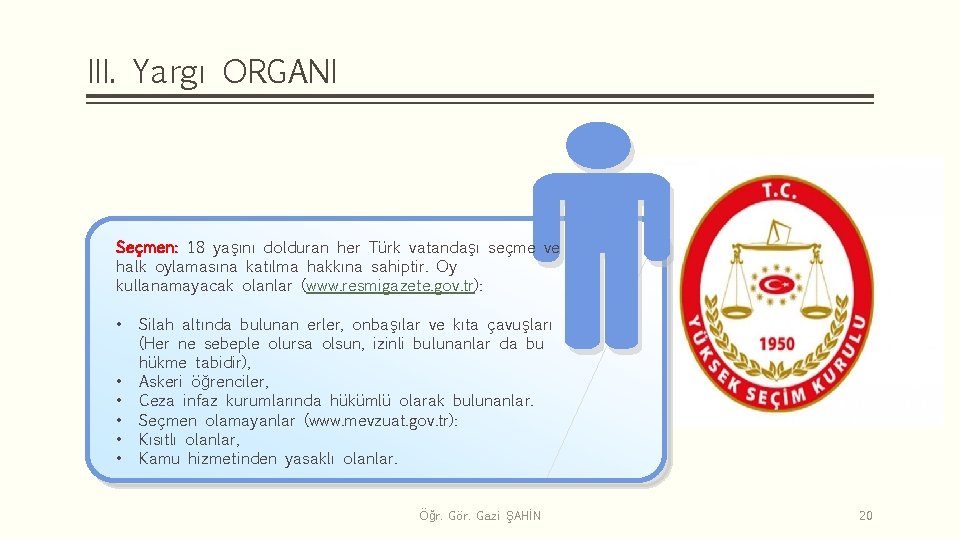 III. Yargı ORGANI Seçmen: 18 yaşını dolduran her Türk vatandaşı seçme ve halk oylamasına