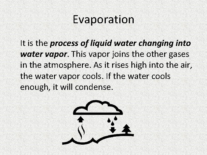 Evaporation It is the process of liquid water changing into water vapor. This vapor Evaporation It is the process of liquid water changing into water vapor. This vapor