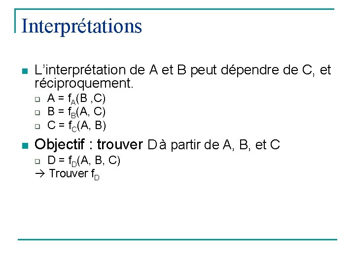 Interprétations n L’interprétation de A et B peut dépendre de C, et réciproquement. q