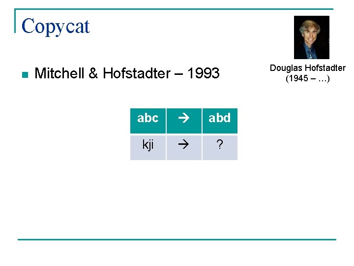 Copycat n Mitchell & Hofstadter – 1993 abc abd kji ? Douglas Hofstadter (1945