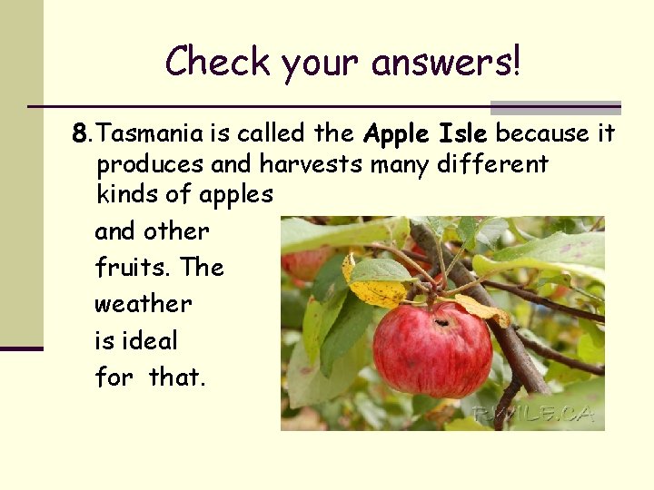 Check your answers! 8. Tasmania is called the Apple Isle because it produces and