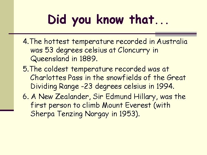 Did you know that. . . 4. The hottest temperature recorded in Australia was