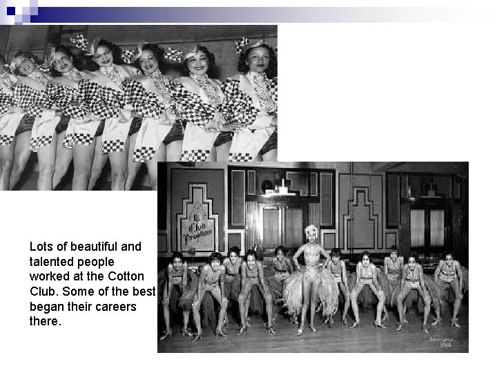 Lots of beautiful and talented people worked at the Cotton Club. Some of the Lots of beautiful and talented people worked at the Cotton Club. Some of the