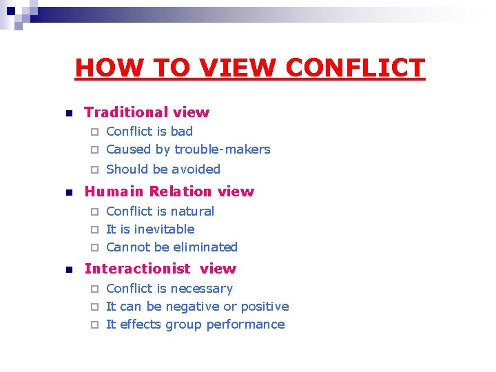 HOW TO VIEW CONFLICT n Traditional view Conflict is bad ¨ Caused by trouble-makers