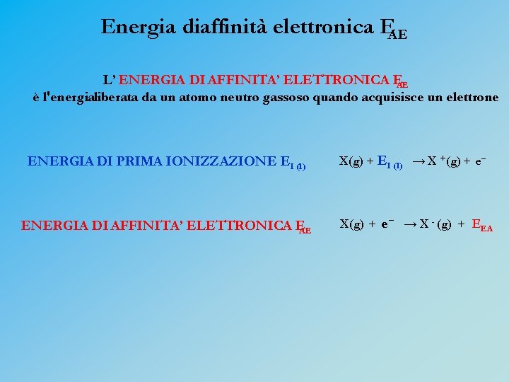 Energia diaffinità elettronica EAE L’ ENERGIA DI AFFINITA’ ELETTRONICA EAE è l'energialiberata da un