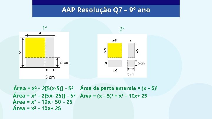 AAP Resolução Q 7 – 9º ano 1º 2º Área = x² – 2[5(x-5)]