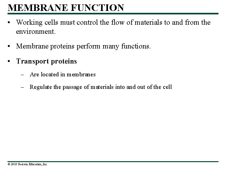 MEMBRANE FUNCTION • Working cells must control the flow of materials to and from