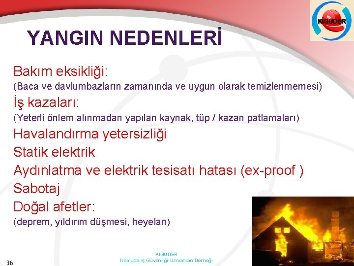 YANGIN NEDENLERİ Bakım eksikliği: (Baca ve davlumbazların zamanında ve uygun olarak temizlenmemesi) İş kazaları: