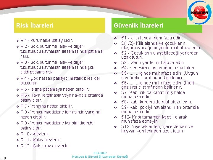 Risk İbareleri v v v 8 Güvenlik İbareleri R 1 - Kuru halde patlayıcıdır.