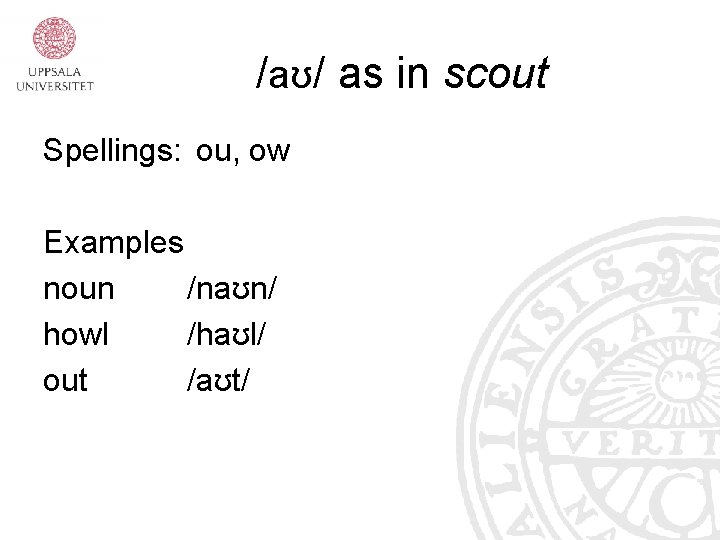 /aʊ/ as in scout Spellings: ou, ow Examples noun /naʊn/ howl /haʊl/ out /aʊt/