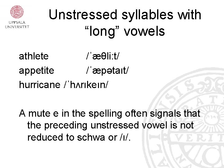 Unstressed syllables with “long” vowels athlete /ˈæθli: t/ appetite /ˈæpətaıt/ hurricane /ˈhʌrıkeın/ A mute