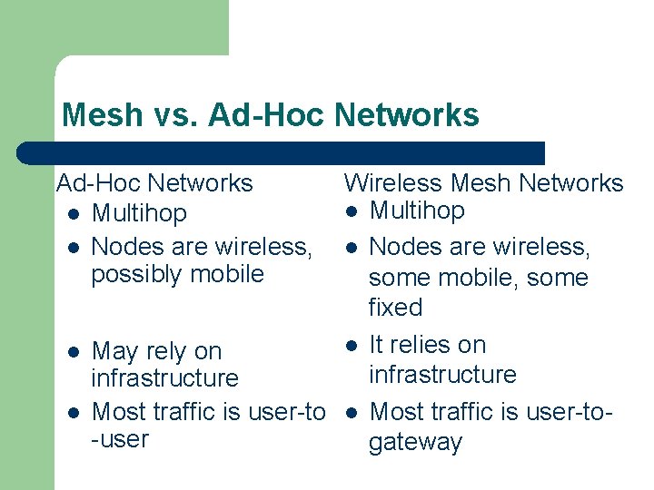 Mesh vs. Ad-Hoc Networks l Multihop l Nodes are wireless, possibly mobile l l