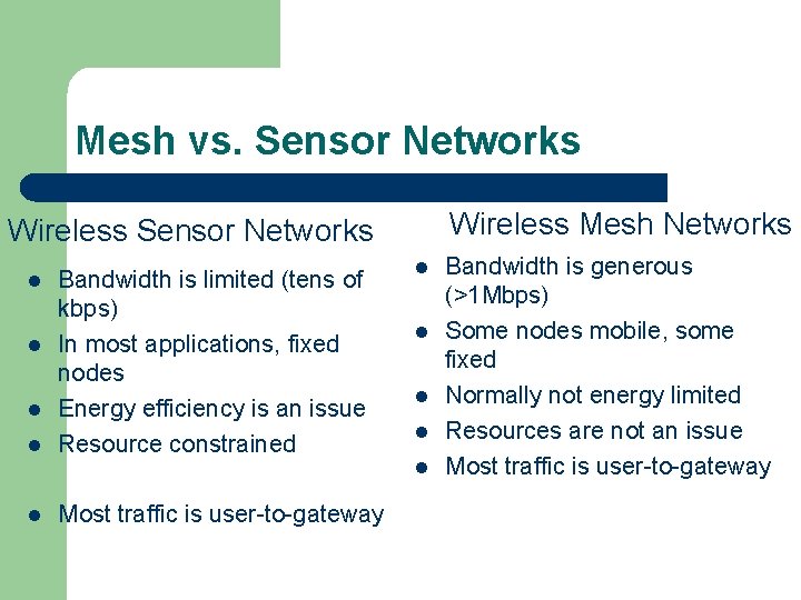 Mesh vs. Sensor Networks Wireless Mesh Networks Wireless Sensor Networks l l l Bandwidth