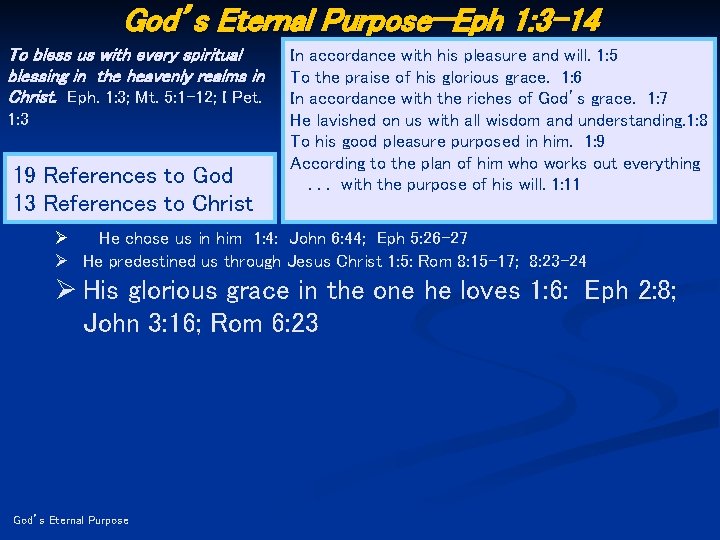 God’s Eternal Purpose—Eph 1: 3 -14 To bless us with every spiritual blessing in