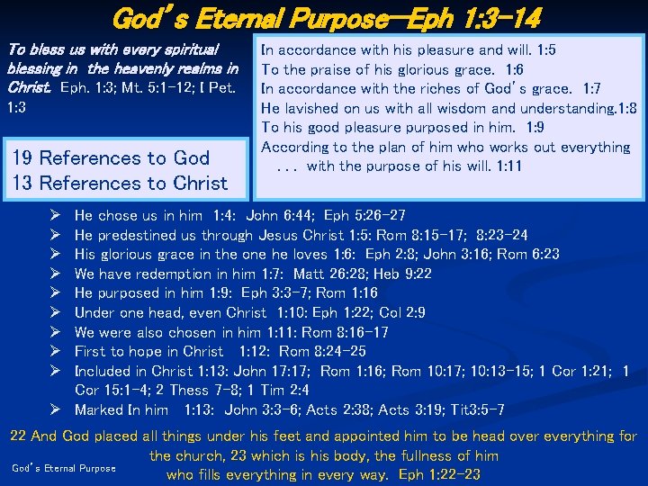 God’s Eternal Purpose—Eph 1: 3 -14 To bless us with every spiritual blessing in