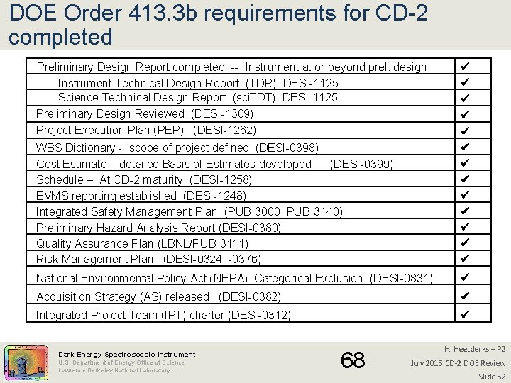 DOE Order 413. 3 b requirements for CD-2 completed Preliminary Design Report completed --