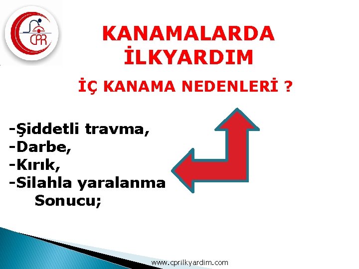 KANAMALARDA İLKYARDIM İÇ KANAMA NEDENLERİ ? -Şiddetli travma, -Darbe, -Kırık, -Silahla yaralanma Sonucu; www.