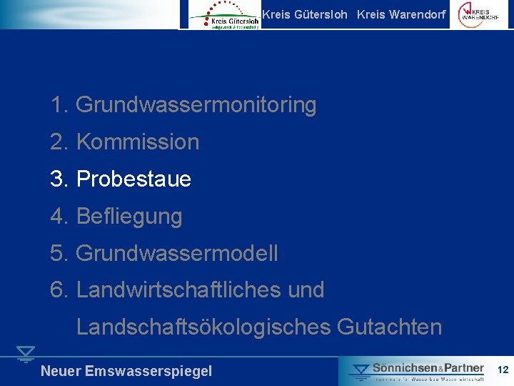 Kreis Gütersloh Kreis Warendorf 1. Grundwassermonitoring 2. Kommission 3. Probestaue 4. Befliegung 5. Grundwassermodell