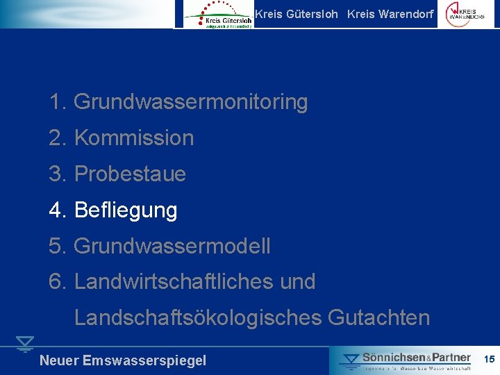 Kreis Gütersloh Kreis Warendorf 1. Grundwassermonitoring 2. Kommission 3. Probestaue 4. Befliegung 5. Grundwassermodell