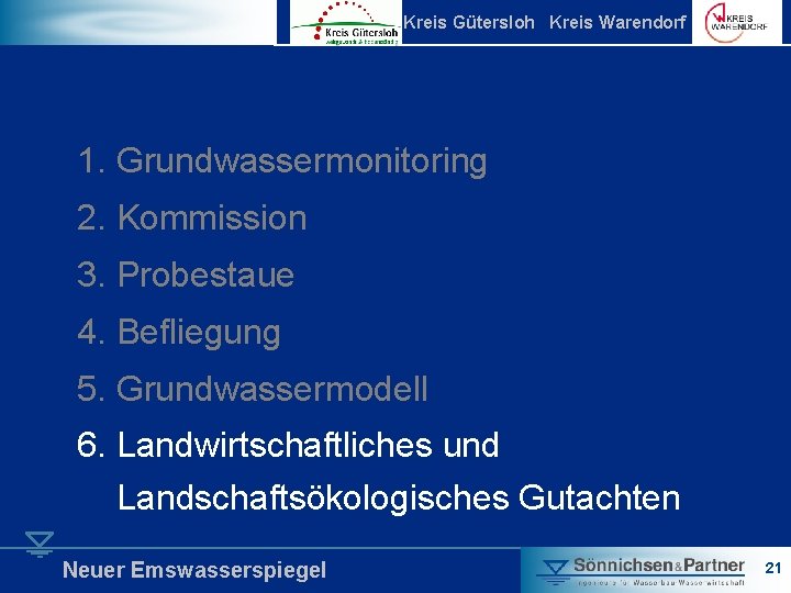 Kreis Gütersloh Kreis Warendorf 1. Grundwassermonitoring 2. Kommission 3. Probestaue 4. Befliegung 5. Grundwassermodell