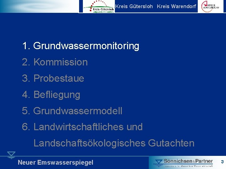 Kreis Gütersloh Kreis Warendorf 1. Grundwassermonitoring 2. Kommission 3. Probestaue 4. Befliegung 5. Grundwassermodell