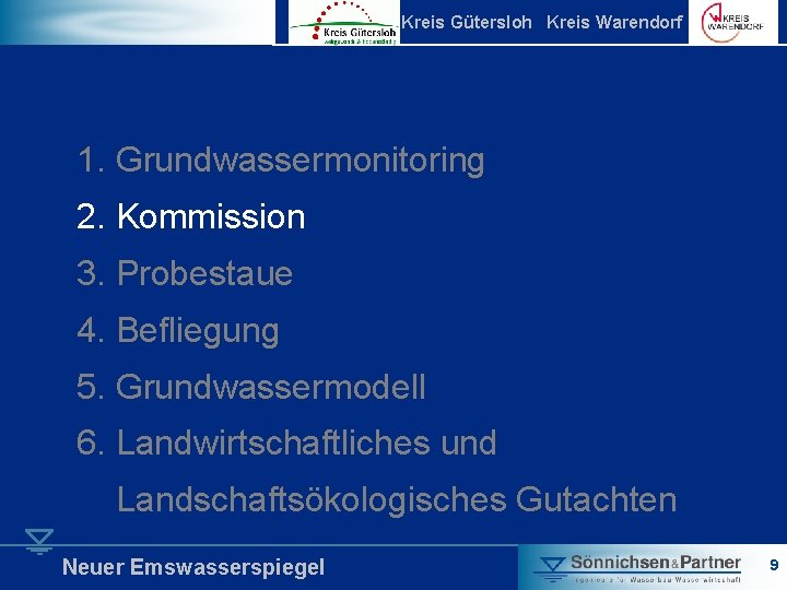 Kreis Gütersloh Kreis Warendorf 1. Grundwassermonitoring 2. Kommission 3. Probestaue 4. Befliegung 5. Grundwassermodell