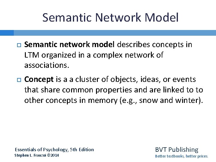 Semantic Network Model Semantic network model describes concepts in LTM organized in a complex