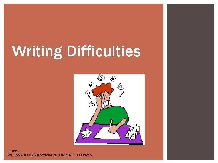Writing Difficulties SOURCE: http: //www. pbs. org/wgbh/misunderstoodminds/writingdiffs. html 