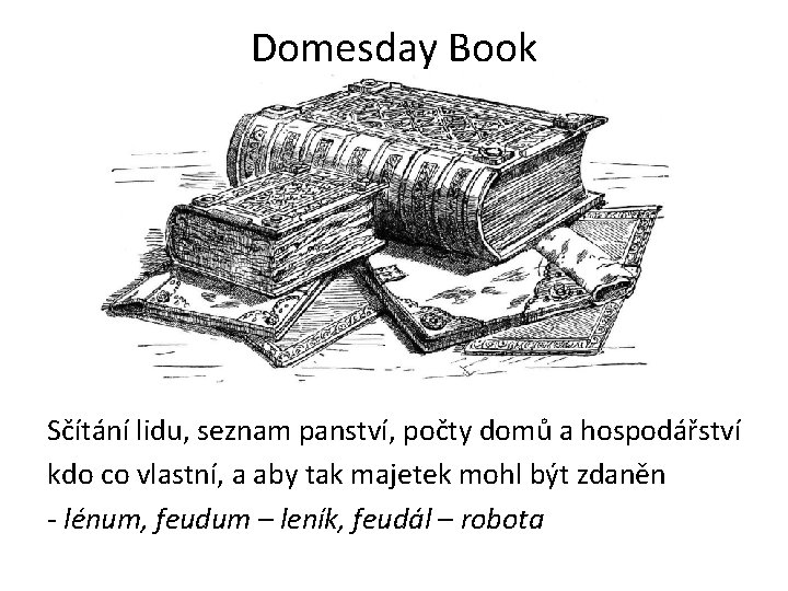 Domesday Book Sčítání lidu, seznam panství, počty domů a hospodářství kdo co vlastní, a