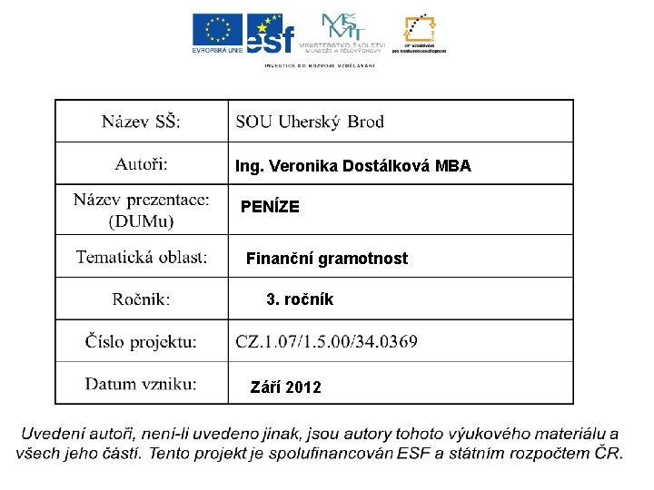 Ing. Veronika Dostálková MBA PENÍZE Finanční gramotnost 3. ročník Září 2012 