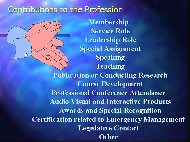 Contributions to the Profession Membership Service Role Leadership Role Special Assignment Speaking Teaching Publication
