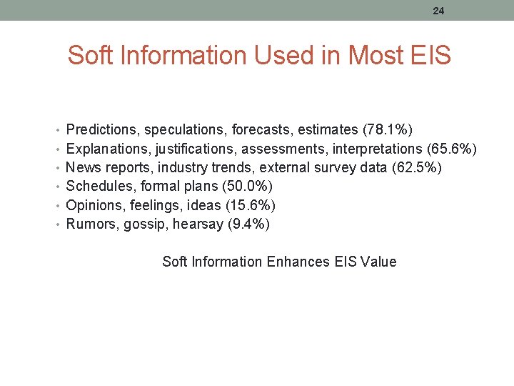 24 Soft Information Used in Most EIS • Predictions, speculations, forecasts, estimates (78. 1%)
