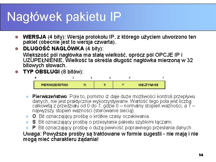 Nagłówek pakietu IP WERSJA (4 bity): Wersja protokołu IP, z którego użyciem utworzono ten