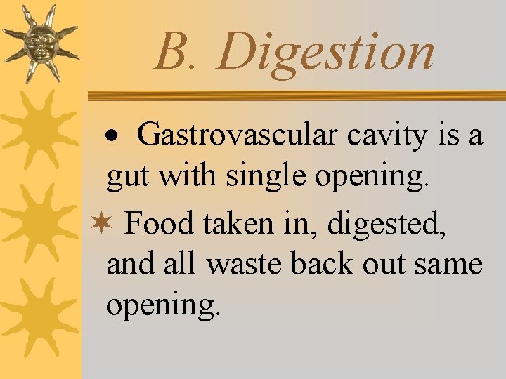 B. Digestion · Gastrovascular cavity is a gut with single opening. ¬ Food taken