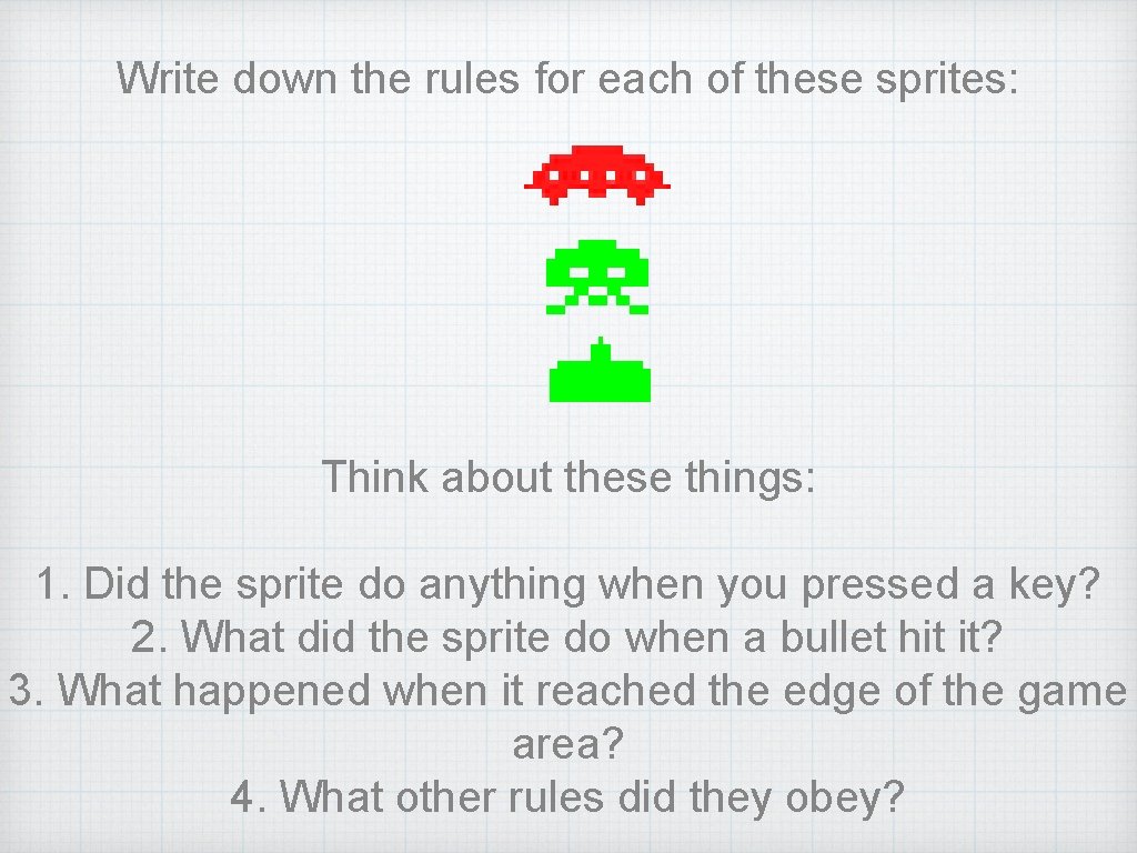 Write down the rules for each of these sprites: Think about these things: 1.