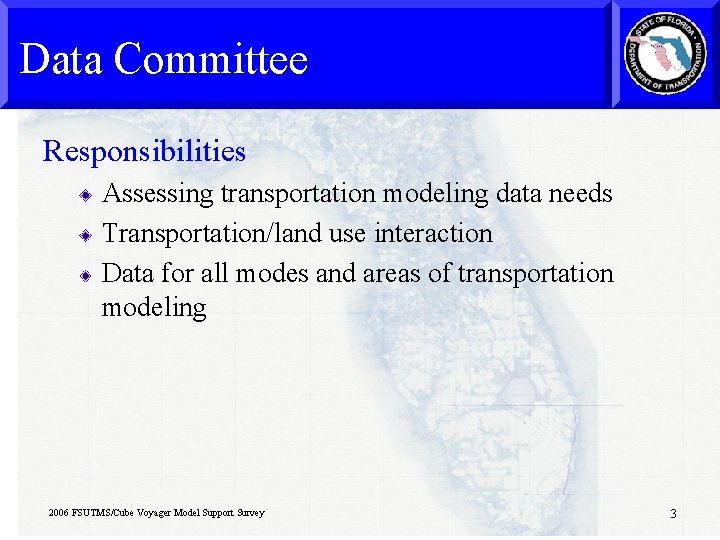Data Committee Responsibilities Assessing transportation modeling data needs Transportation/land use interaction Data for all Data Committee Responsibilities Assessing transportation modeling data needs Transportation/land use interaction Data for all