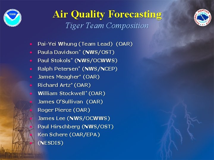 Air Quality Forecasting Tiger Team Composition • Pai-Yei Whung (Team Lead) (OAR) • Paula