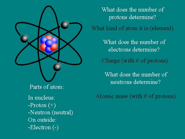 What does the number of protons determine? What kind of atom it is (element)