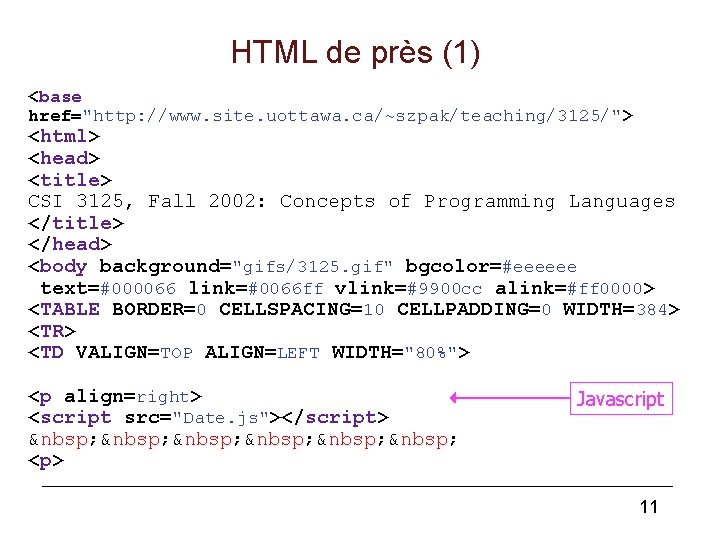 HTML de près (1) <base href="http: //www. site. uottawa. ca/~szpak/teaching/3125/"> <html> <head> <title> CSI